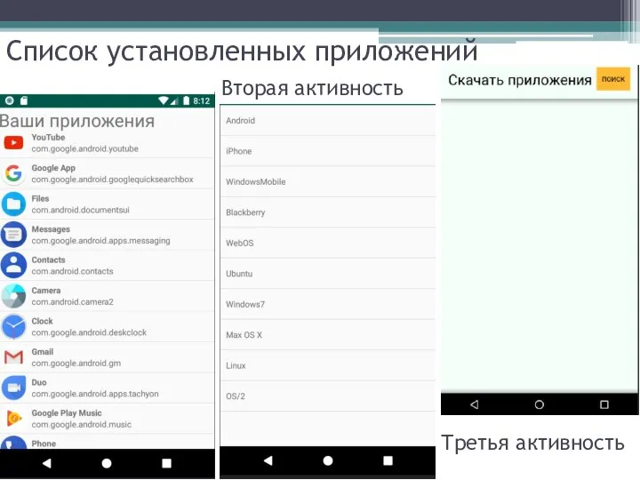 Список установленных приложений Третья активность Вторая активность
