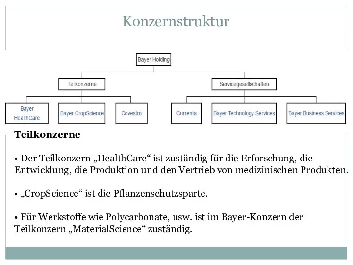 Konzernstruktur Teilkonzerne • Der Teilkonzern „HealthCare“ ist zuständig für die Erforschung, die