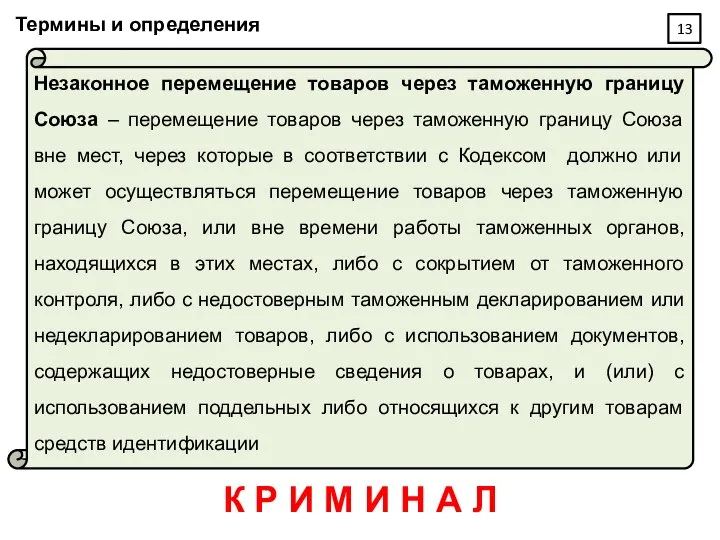 Термины и определения Незаконное перемещение товаров через таможенную границу Союза – перемещение