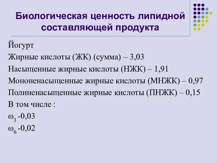 Биологическая ценность липидной составляющей продукта Йогурт Жирные кислоты (ЖК) (сумма) – 3,03