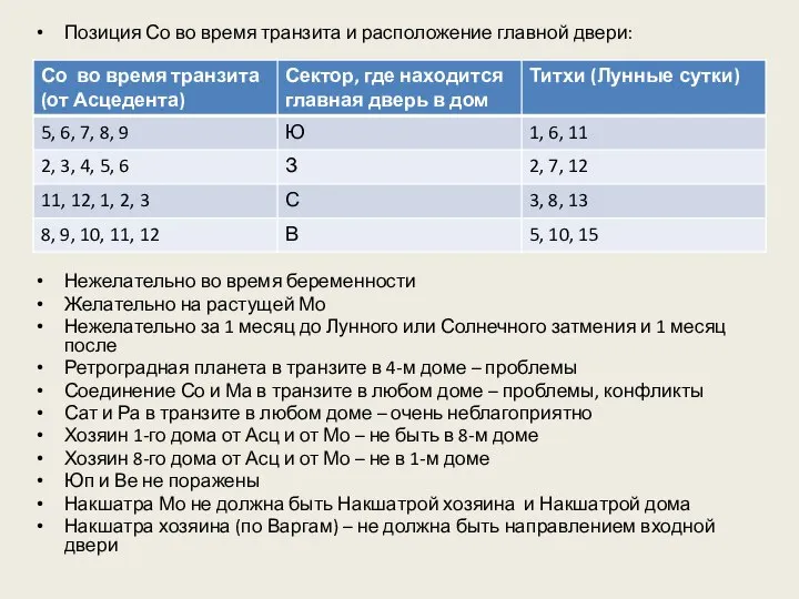 Позиция Со во время транзита и расположение главной двери: Нежелательно во время