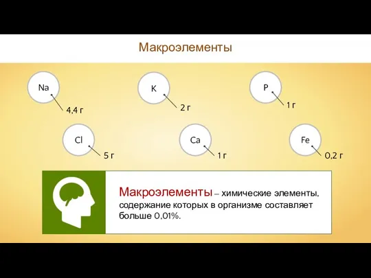 Макроэлементы Макроэлементы — химические элементы, содержание которых в организме составляет больше 0,01%.