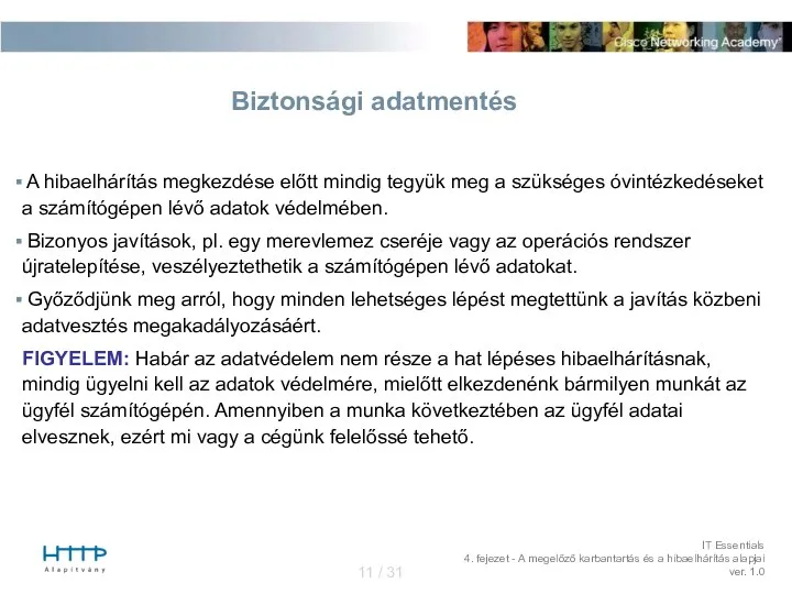 Biztonsági adatmentés A hibaelhárítás megkezdése előtt mindig tegyük meg a szükséges óvintézkedéseket