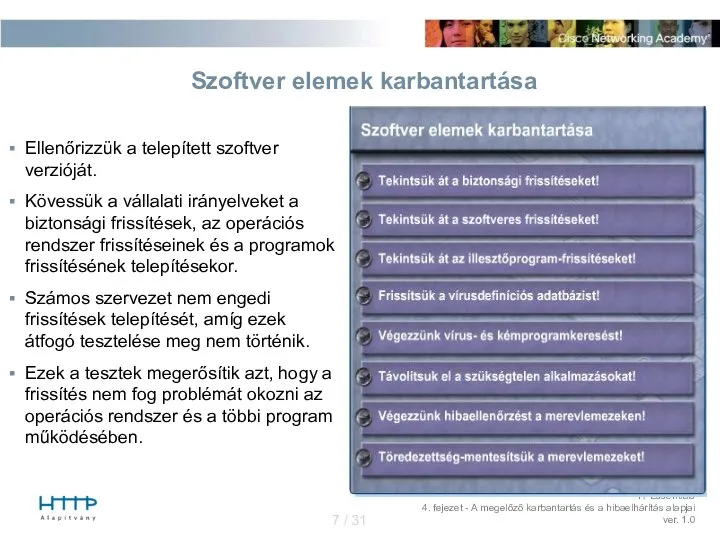 Szoftver elemek karbantartása Ellenőrizzük a telepített szoftver verzióját. Kövessük a vállalati irányelveket