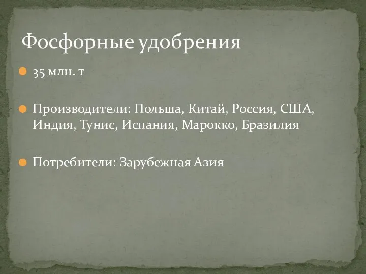 35 млн. т Производители: Польша, Китай, Россия, США, Индия, Тунис, Испания, Марокко,