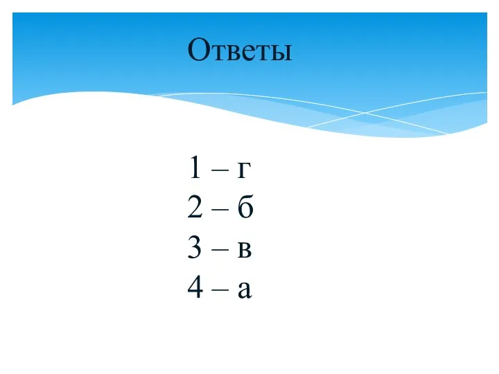 Ответы 1 – г 2 – б 3 – в 4 – а