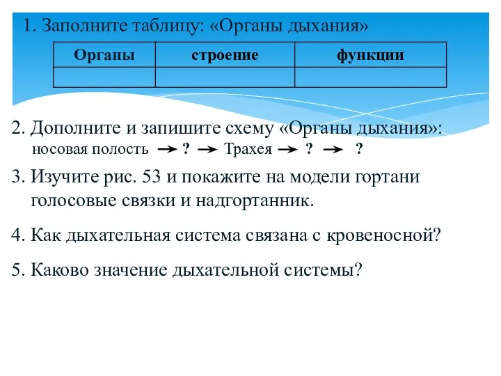 1. Заполните таблицу: «Органы дыхания» 2. Дополните и запишите схему «Органы дыхания»: