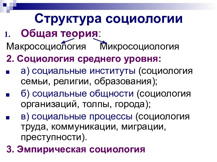 Структура социологии Общая теория: Макросоциология Микросоциология 2. Социология среднего уровня: а) социальные