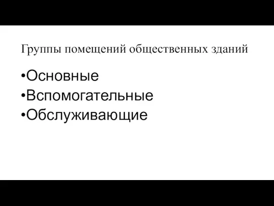 Группы помещений общественных зданий Основные Вспомогательные Обслуживающие