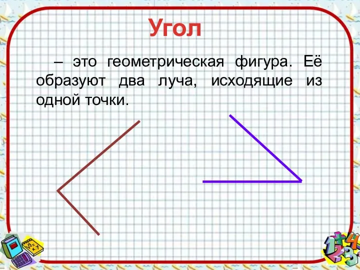 Угол – это геометрическая фигура. Её образуют два луча, исходящие из одной точки.