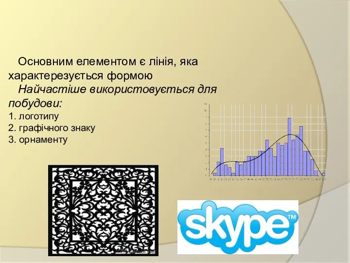 Основним елементом є лінія, яка характерезується формою Найчастіше використовується для побудови: 1.