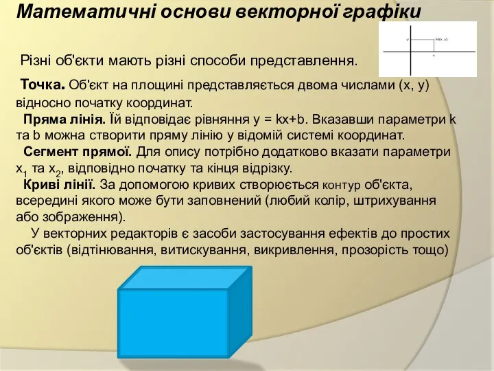 Математичні основи векторної графіки Різні об'єкти мають різні способи представлення. Точка. Об'єкт