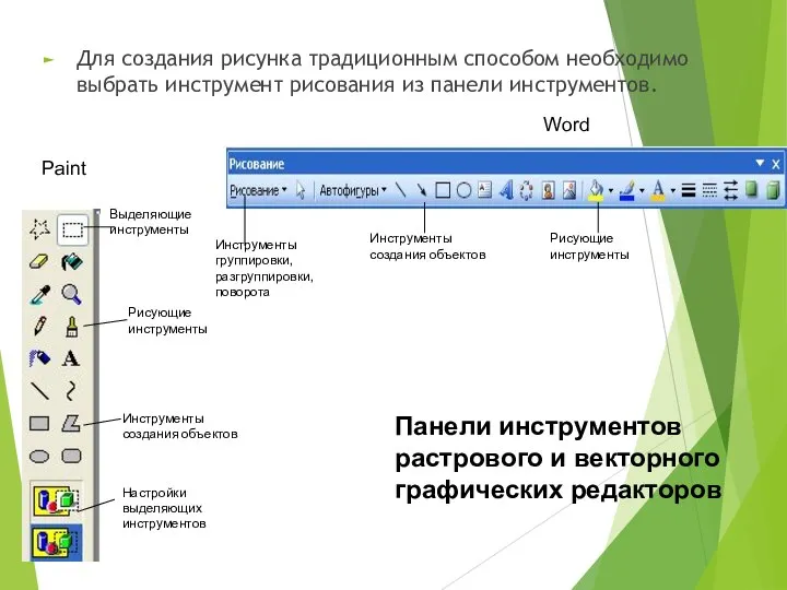 Для создания рисунка традиционным способом необходимо выбрать инструмент рисования из панели инструментов.