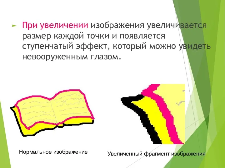 При увеличении изображения увеличивается размер каждой точки и появляется ступенчатый эффект, который