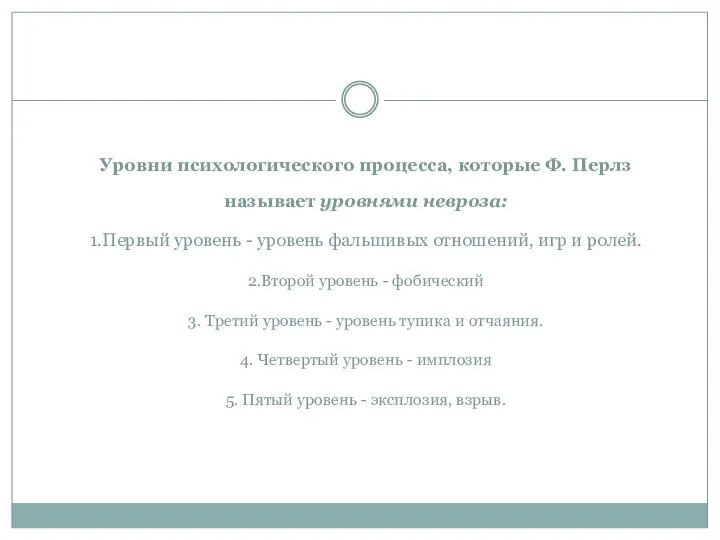 Уровни психологического процесса, которые Ф. Перлз называет уровнями невроза: 1.Первый уровень -