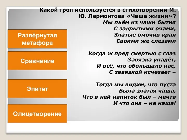 Какой троп используется в стихотворении М. Ю. Лермонтова «Чаша жизни»? Мы пьём