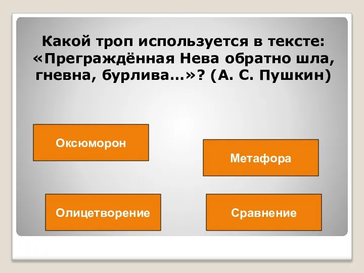 Какой троп используется в тексте: «Преграждённая Нева обратно шла, гневна, бурлива…»? (А.