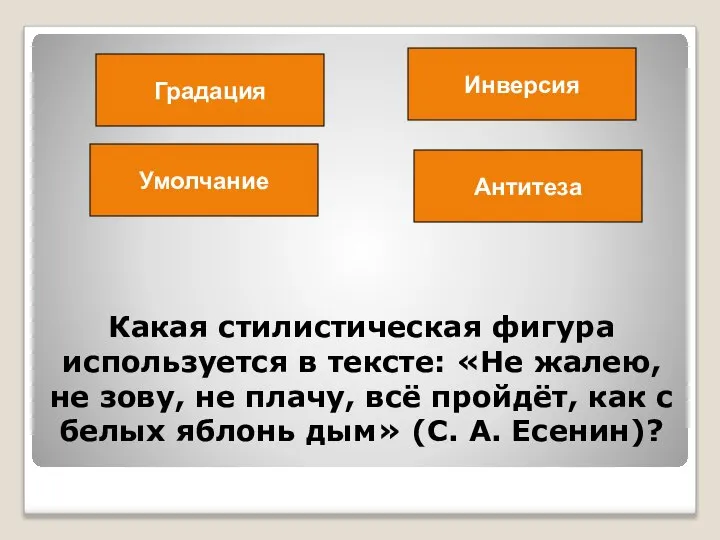 Какая стилистическая фигура используется в тексте: «Не жалею, не зову, не плачу,