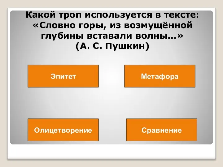 Какой троп используется в тексте: «Словно горы, из возмущённой глубины вставали волны…»