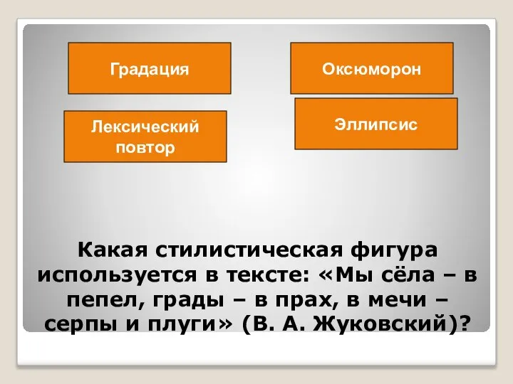 Какая стилистическая фигура используется в тексте: «Мы сёла – в пепел, грады