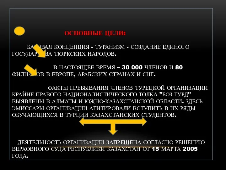 ОСНОВНЫЕ ЦЕЛИ: БАЗОВАЯ КОНЦЕПЦИЯ - ТУРАНИЗМ - СОЗДАНИЕ ЕДИНОГО ГОСУДАРСТВА ТЮРКСКИХ НАРОДОВ.