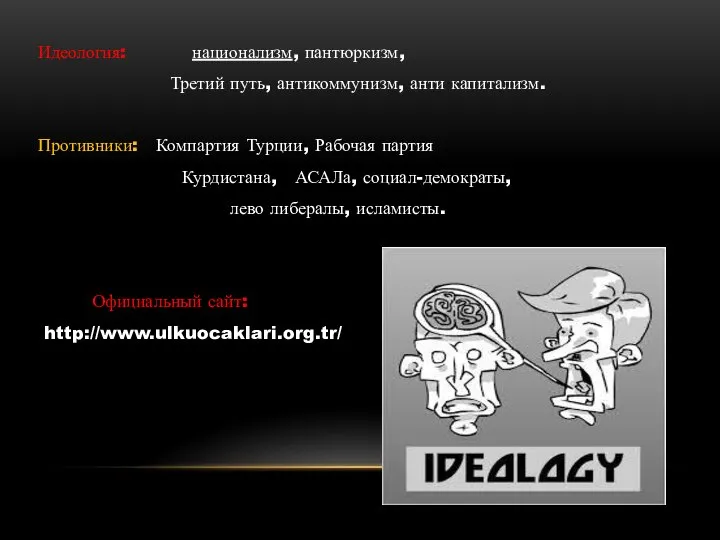 Идеология: национализм, пантюркизм, Третий путь, антикоммунизм, анти капитализм. Противники: Компартия Турции, Рабочая