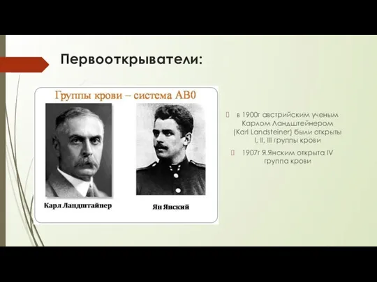 Первооткрыватели: в 1900г австрийским ученым Карлом Ландштейнером (Karl Landsteiner) были открыты I,