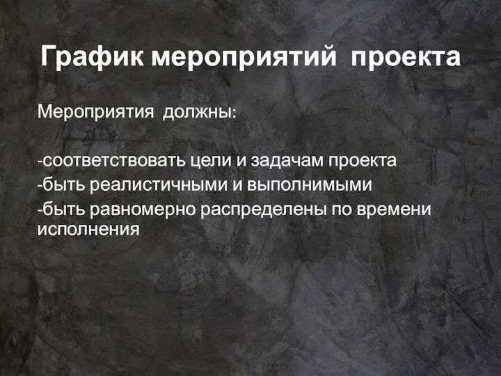 График мероприятий проекта Мероприятия должны: -соответствовать цели и задачам проекта -быть реалистичными