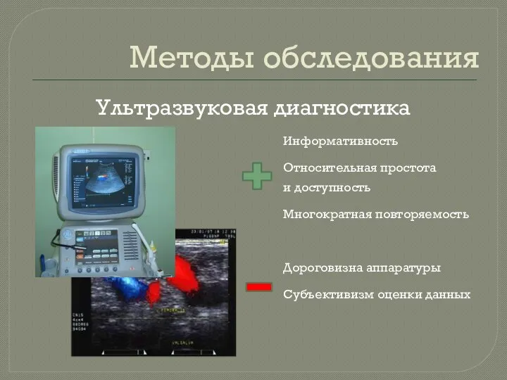 Методы обследования Ультразвуковая диагностика Информативность Относительная простота и доступность Многократная повторяемость Дороговизна аппаратуры Субъективизм оценки данных