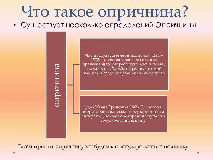 Что такое опричнина? Существует несколько определений Опричнины Рассматривать опричнину мы будем как государственную политику