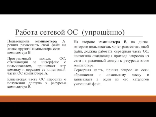 Работа сетевой ОС (упрощённо) Пользователь компьютера А решил разместить свой файл на