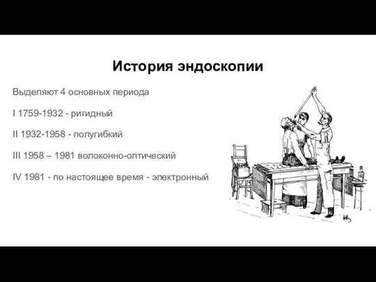 История эндоскопии Выделяют 4 основных периода I 1759-1932 - ригидный II 1932-1958