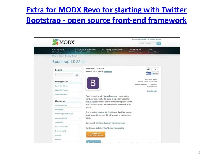 Extra for MODX Revo for starting with Twitter Bootstrap - open source front-end framework