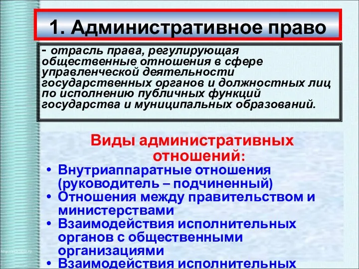 Виды административных отношений: Внутриаппаратные отношения (руководитель – подчиненный) Отношения между правительством и