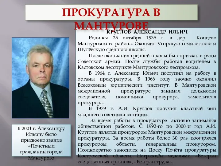 КРУГЛОВ АЛЕКСАНДР ИЛЬИЧ Родился 25 октября 1935 г. в дер. Копцево Мантуровского