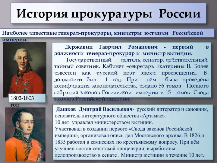 История прокуратуры России Наиболее известные генерал-прокуроры, министры юстиции Российской империи. Державин Гавриил