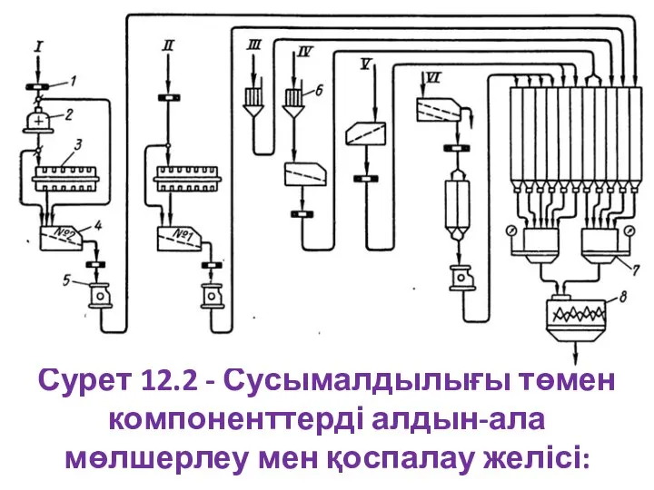 Сурет 12.2 - Сусымалдылығы төмен компоненттерді алдын-ала мөлшерлеу мен қоспалау желісі: