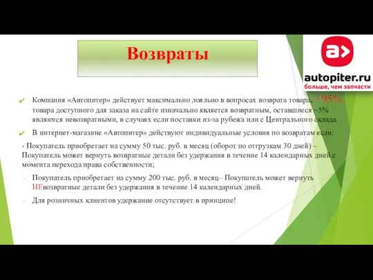 Возвраты Компания «Автопитер» действует максимально лояльно в вопросах возврата товара. ~95% товара