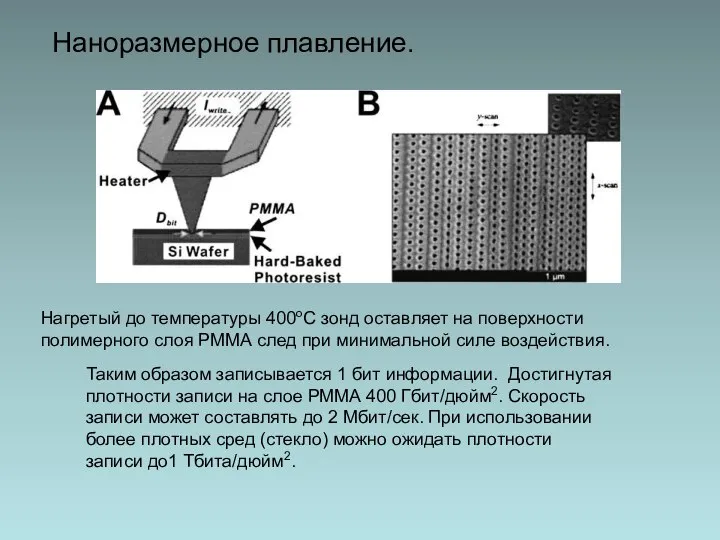 Наноразмерное плавление. Нагретый до температуры 400оС зонд оставляет на поверхности полимерного слоя