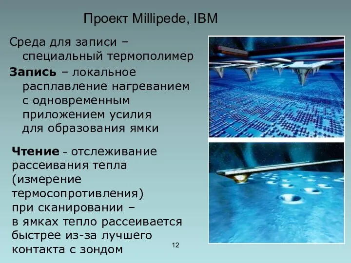 Проект Millipede, IBM Среда для записи – специальный термополимер Запись – локальное