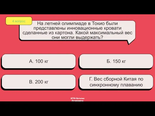 А. 100 кг Б. 150 кг В. 200 кг Г. Вес сборной