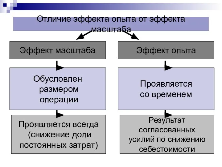 Отличие эффекта опыта от эффекта масштаба Обусловлен размером операции Проявляется всегда (снижение