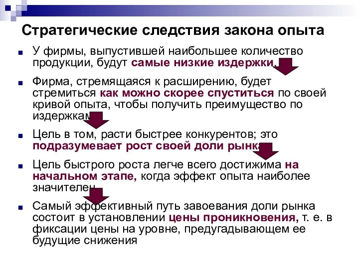 Стратегические следствия закона опыта У фирмы, выпустившей наибольшее количество продукции, будут самые