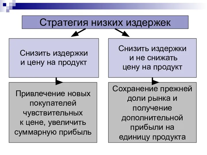 Стратегия низких издержек Снизить издержки и цену на продукт Снизить издержки и