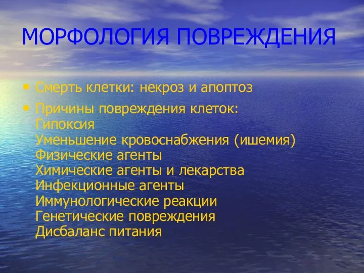 МОРФОЛОГИЯ ПОВРЕЖДЕНИЯ Смерть клетки: некроз и апоптоз Причины повреждения клеток: Гипоксия Уменьшение