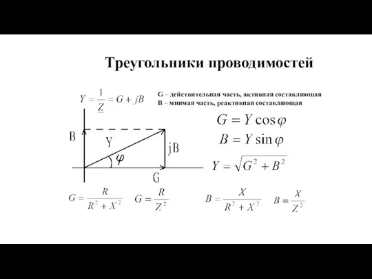 Треугольники проводимостей G – действительная часть, активная составляющая B – мнимая часть, реактивная составляющая