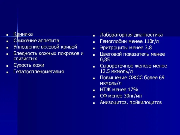 Клиника Снижение аппетита Уплощение весовой кривой Бледность кожных покровов и слизистых Сухость