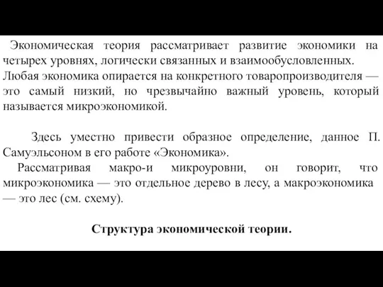 Экономическая теория рассматривает развитие экономики на четырех уровнях, логически связанных и взаимообусловленных.