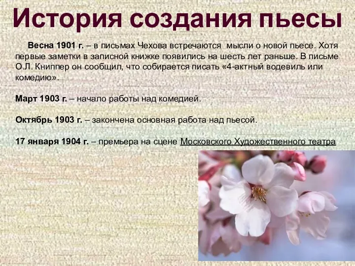 История создания пьесы Весна 1901 г. – в письмах Чехова встречаются мысли