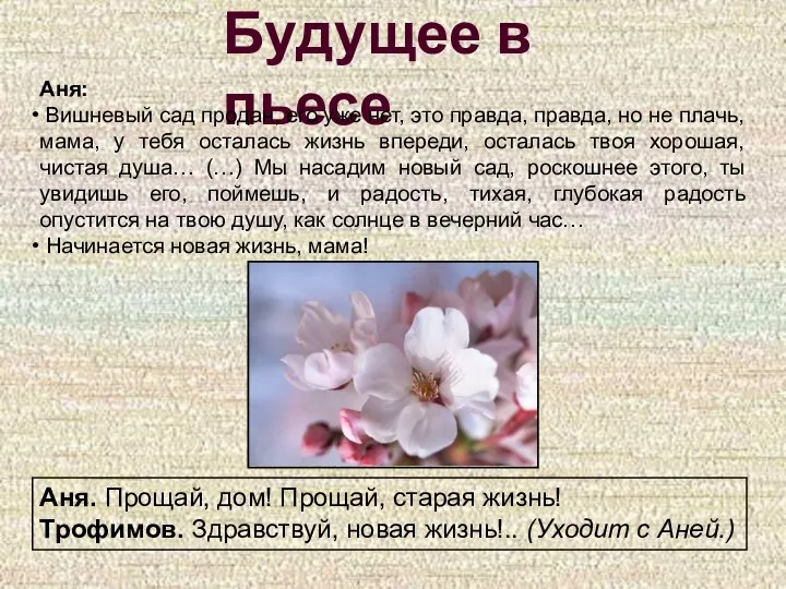 Будущее в пьесе Аня: Вишневый сад продан, его уже нет, это правда,